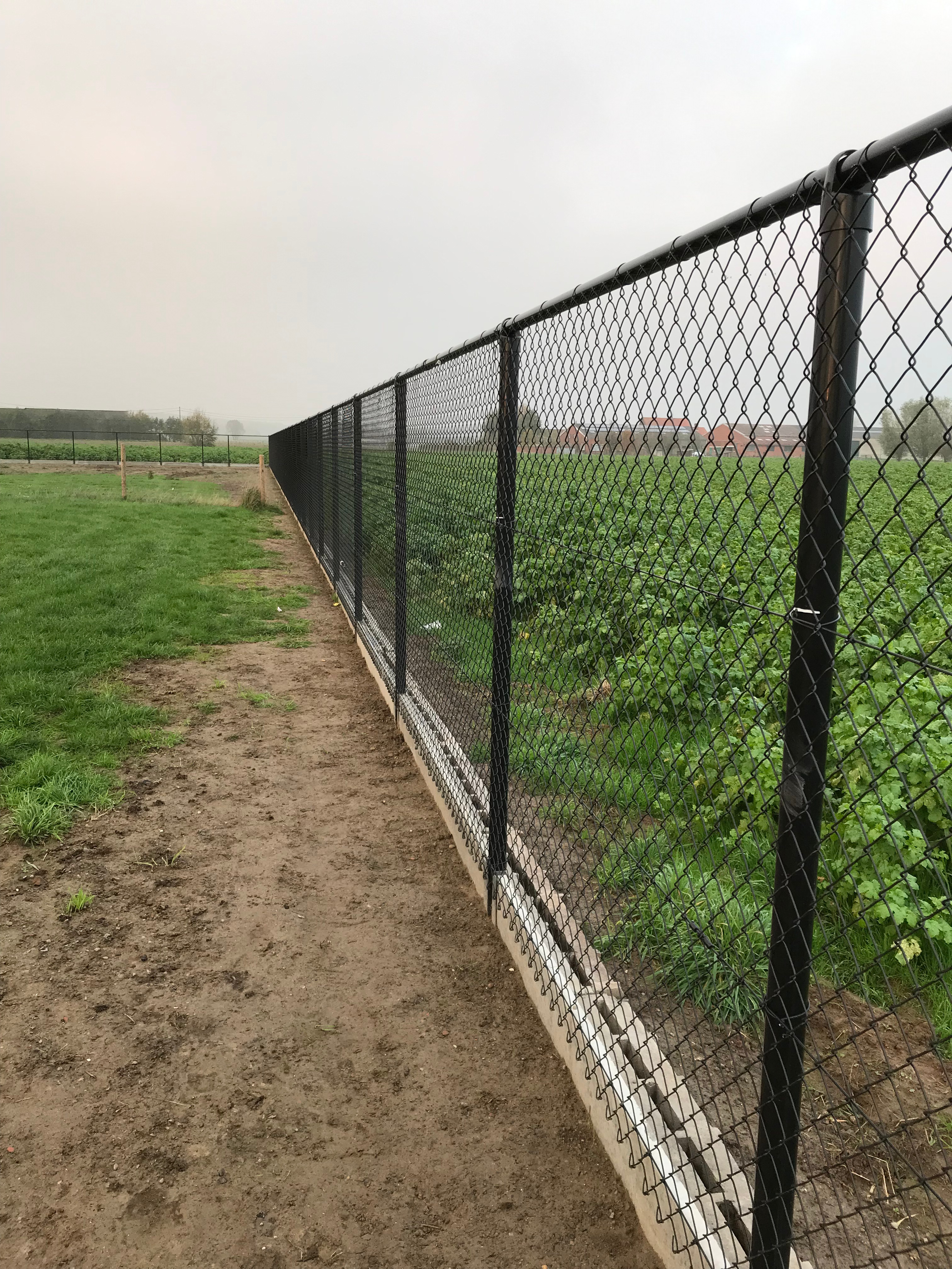 Zwarte draadafsluiting met betonplaat onderaan langs een veld in Ieper.