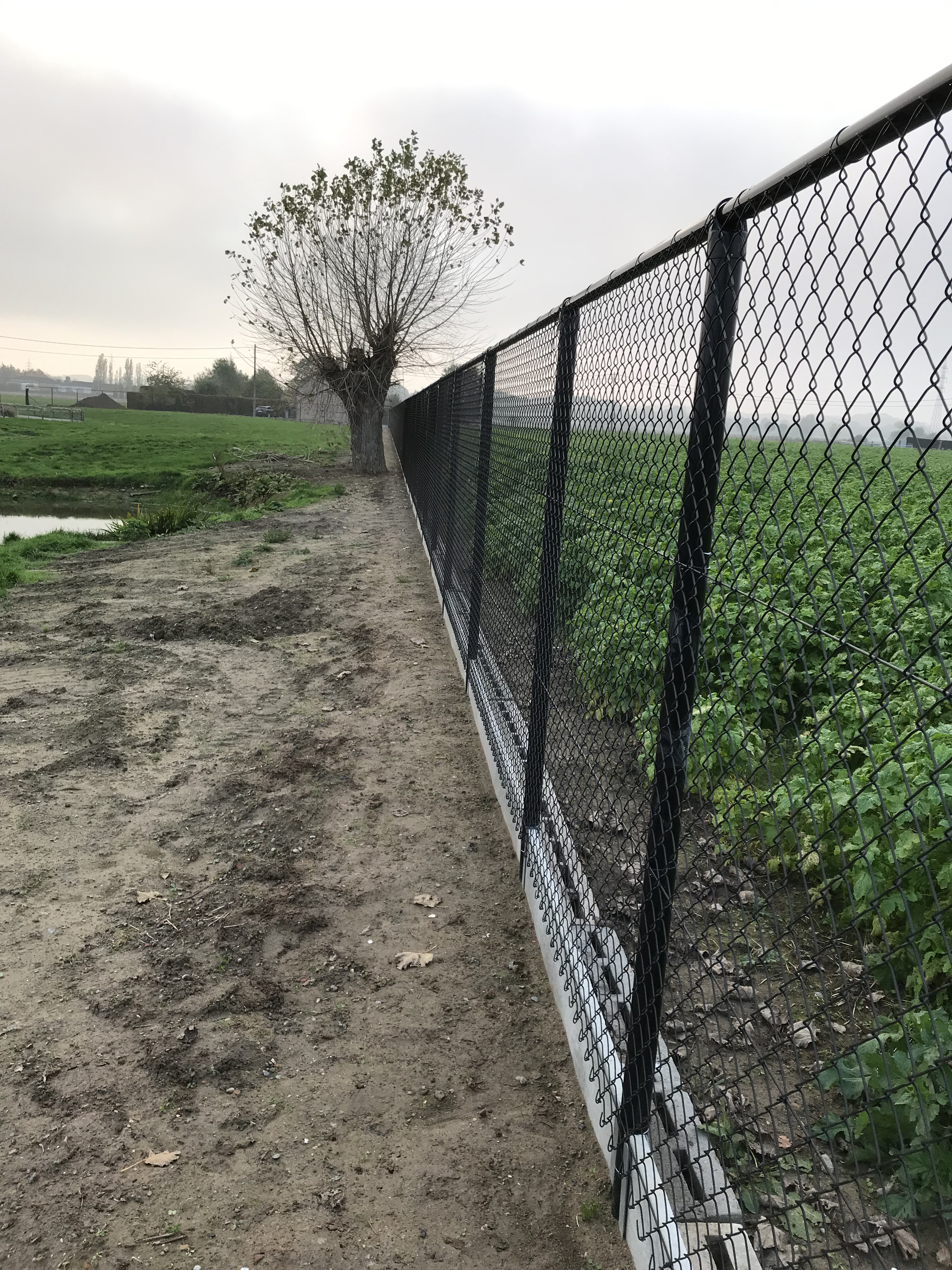 Zwarte Plasitor draadafsluiting met betonplaat en bovenbuis langs een landelijke weide in Nieuwerkerke.